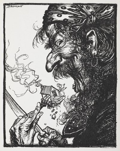 Un grand homme mangeant une petite dame et sa maison - Arthur Rackham