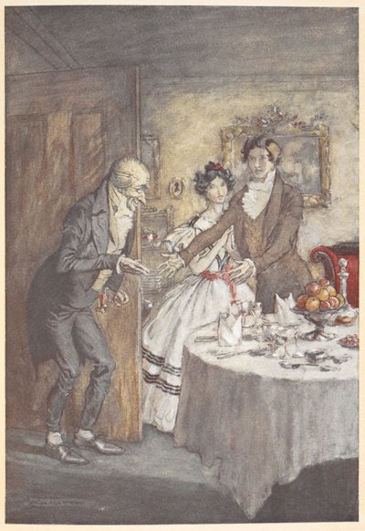 Un jeune homme et une femme accueillant Scrooge pour un repas dans leur salle à manger - Arthur Rackham