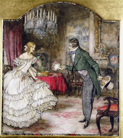 Un jeune homme offrant un bouquet à une fille debout dans un salon - Arthur Rackham