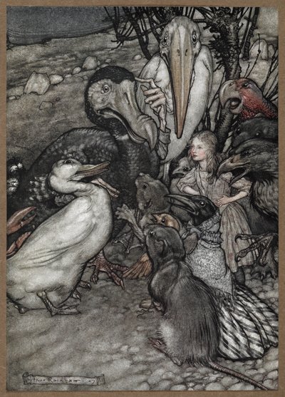 Alice et les animaux après la course du Caucus, y compris un dodo, un canard, un rat, une corneille et un perroquet - Arthur Rackham