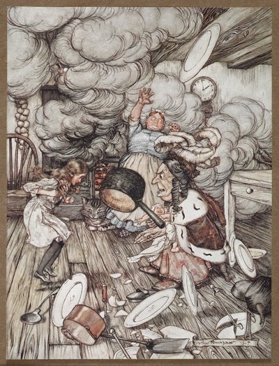 Alice dans une cuisine avec la Duchesse, un cuisinier et le Chat du Cheshire - Arthur Rackham