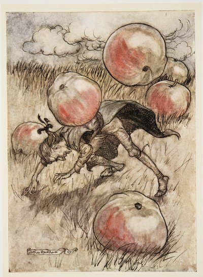 Des pommes sont tombées autour de mes oreilles, de Les Voyages de Gulliver par Jonathon Swift (1667 - 1745), pub. 1909 - Arthur Rackham