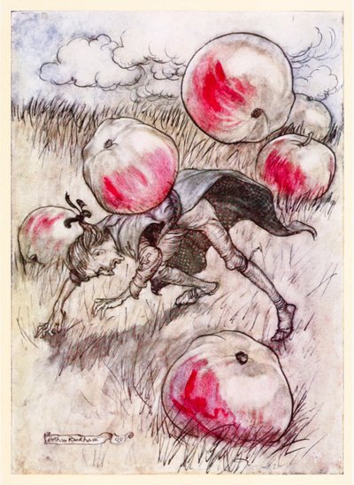 Les pommes tombèrent autour de mes oreilles de la Partie II : Un voyage à Brobdingnag dans Les Voyages de Gulliver par Jonathan Swift - Arthur Rackham