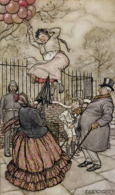 Ballons, illustration de Peter Pan dans les jardins de Kensington, par J.M Barrie, publié en 1906 - Arthur Rackham