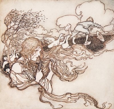 Souffle, souffle, petite brise, et saisis le chapeau de Conrad, des Contes de fées des frères Grimm, pub. 1909 - Arthur Rackham