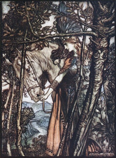 Brünnhilde mène son cheval par la bride. Illustration pour L