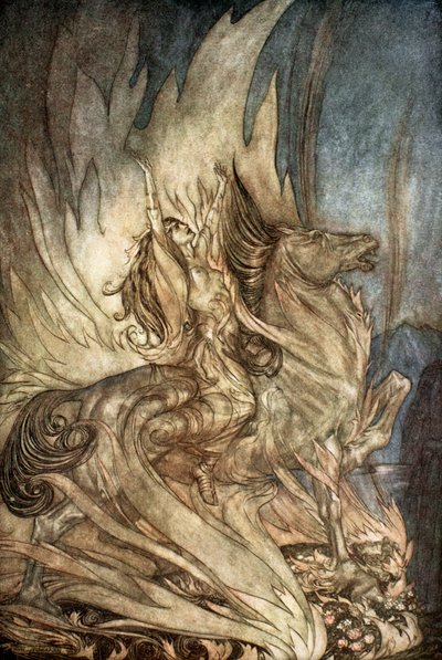 Brunnhilde sur Grane saute sur le bûcher funéraire de Siegfried - Arthur Rackham
