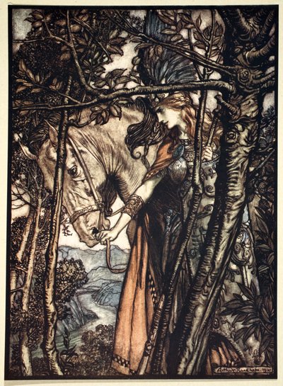 Brunnhilde conduit lentement et silencieusement son cheval sur le chemin de la grotte, 1910 - Arthur Rackham