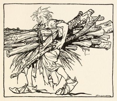 Carl construisant un abri pour la nuit de Le Carl du manteau drap dans Contes de fées irlandais - Arthur Rackham