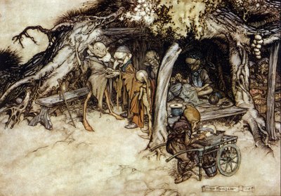 Les elfes fabriquent une veste. Illustration par Arthur Rackham pour Le Songe d