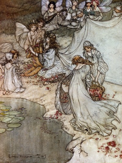 Les elfes fabriquant des colliers de roses. Illustration pour Le Songe d