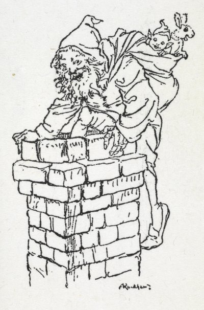 Père Noël descendant par une cheminée avec un sac de cadeaux - Arthur Rackham