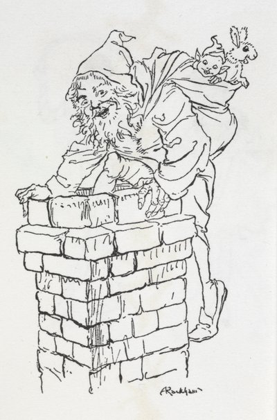 Père Noël entrant dans une cheminée avec des cadeaux - Arthur Rackham