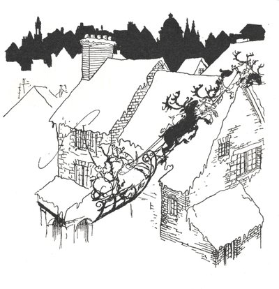 Père Noël dans son traîneau volant au-dessus des toits enneigés - Arthur Rackham