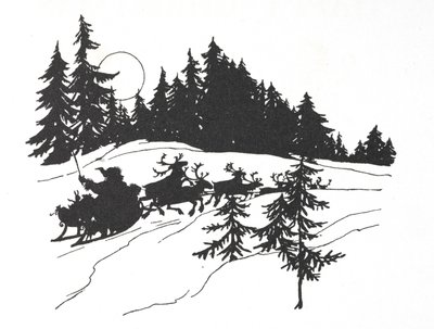 Père Noël voyageant à travers un bois enneigé sur son traîneau - Arthur Rackham