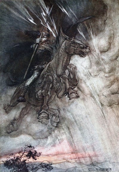 Furieusement Wotan chevauche vers le rocher. Illustration pour L