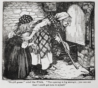 Gretel et la vieille sorcière près du four tirée de Hansel et Gretel - Arthur Rackham