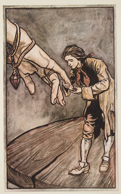 Gulliver embrasse la main de la reine de Brobdingnag, des Voyages de Gulliver par Jonathan Swift, pub. 1909 - Arthur Rackham