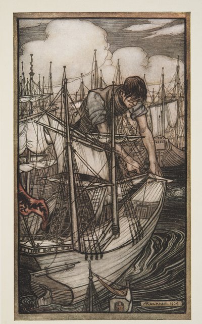 Gulliver saisit la flotte ennemie, de Les Voyages de Gulliver par Jonathon Swift (1667 - 1745), pub. 1909 - Arthur Rackham