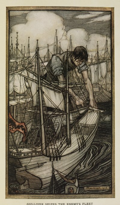 Gulliver capture la flotte ennemie, Illustration des Voyages de Gulliver par Jonathan Swift, par Arthur Rackham - Arthur Rackham