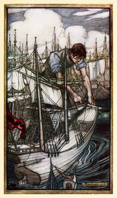 Gulliver saisit la flotte ennemie de la Partie I : Un voyage à Lilliput dans Les Voyages de Gulliver par Jonathan Swift - Arthur Rackham