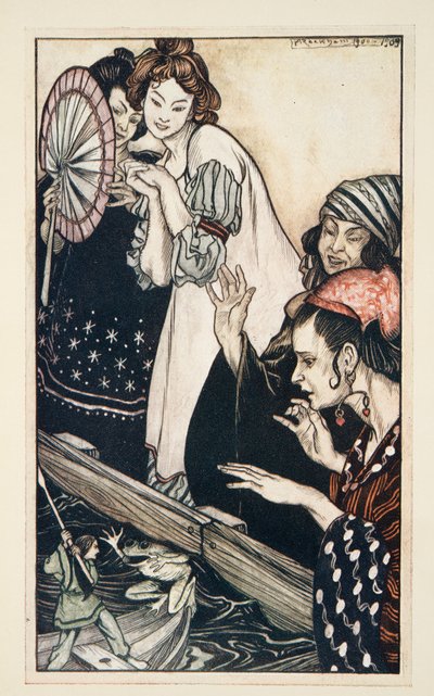 La rencontre de Gulliver avec la grenouille, des Voyages de Gulliver par Jonathan Swift (1667 - 1745), pub. 1909 - Arthur Rackham