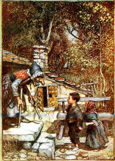 Hansel et Gretel et la sorcière sur le seuil de son chalet - Arthur Rackham