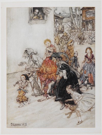 Écoutez ! Écoutez ! Les chiens aboient. Une collection de personnages, y compris un bouffon, des vieilles femmes et des enfants, marchant dans les rues - Arthur Rackham