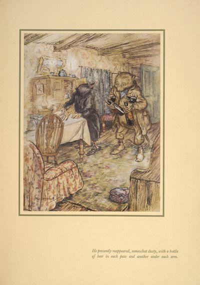 Il réapparut bientôt, quelque peu poussiéreux, avec une bouteille de bière sous chaque bras. - Arthur Rackham