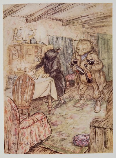 Il réapparut bientôt, quelque peu poussiéreux, avec une bouteille de bière dans chaque patte et une autre sous chaque bras, de Wind in the Willows par Kenneth Grahame (1859 - 1932), pub. 1940 - Arthur Rackham