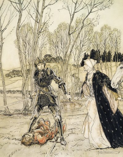 Comment Beaumains a vaincu le Chevalier Rouge, et toujours la demoiselle lui adressait de vilains mots - Arthur Rackham