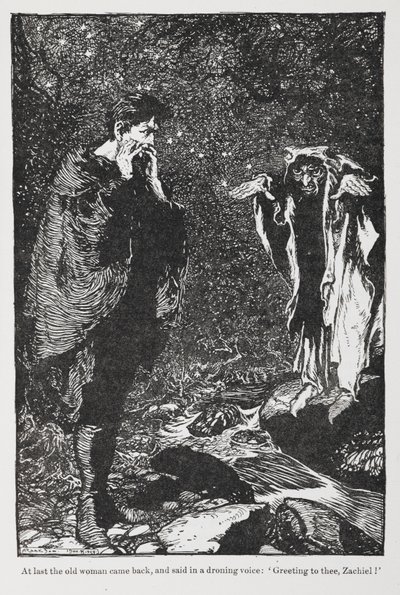 Illustration de Jorinda et Joringel de Zachiel et la vieille femme. - Arthur Rackham