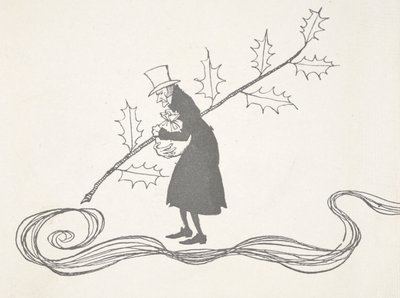 Illustration de Scrooge, représenté par une branche de houx, tenant un sac d