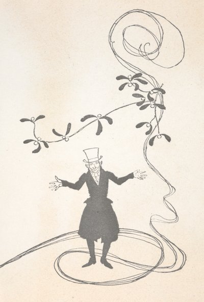 Illustration de Scrooge, représenté avec une branche de gui, ayant l