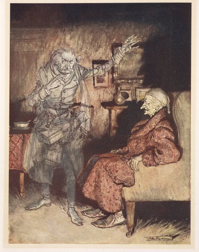 Illustration de Scrooge avec le Fantôme du Noël passé - Arthur Rackham