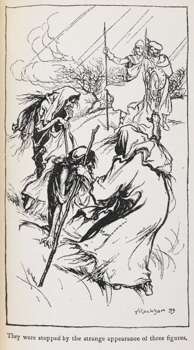 Illustration des trois sorcières, Macbeth et Banquo - Arthur Rackham