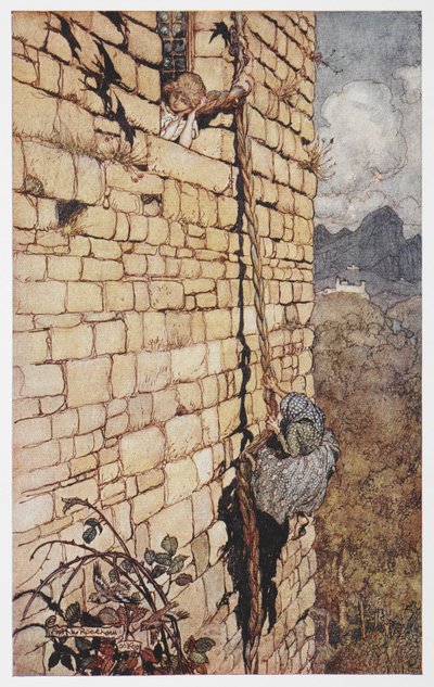 Illustration de la sorcière grimpant aux cheveux de Raiponce - Arthur Rackham