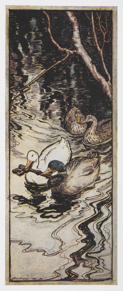Illustration de deux canards portant une clé de La Reine des Abeilles - Arthur Rackham