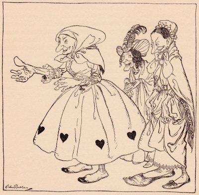 Les trois femmes sont entrées habillées de la manière la plus étrange. Illustration de Arthur Rackham du conte de fées de Grimm, Les Trois Fileuses. - Arthur Rackham