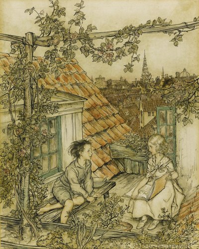 Kay et Gerda dans leur jardin en haut du toit. Illustration pour le conte de La Reine des Neiges - Arthur Rackham
