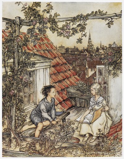 "Kay et Gerda dans leur jardin en haut du toit". Deux enfants assis sur le toit d
