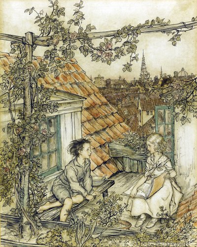 La Reine des neiges - Kay et Gerda dans leur jardin sur le toit - Arthur Rackham