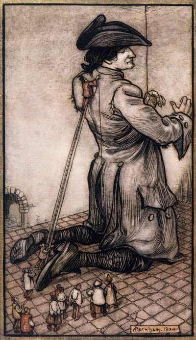 Les tailleurs lilliputiens mesurant Gulliver pour lui faire un nouveau costume, illustration par Arthur Rackham (1867-1939) des Voyages de Gulliver par Jonathan Swift (Dublin) - Arthur Rackham