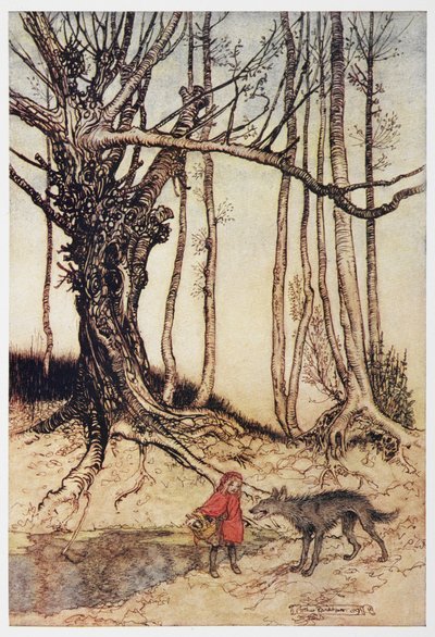 Le Petit Chaperon Rouge et le loup dans les bois. - Arthur Rackham