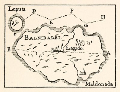 Carte de Laputa (île volante en haut à droite) et Balnibarbii (port principal Maldonada) de la Partie III : Un voyage à Laputa, Balnibarbi, Luggnagg, Glubbdubdrib et Japon dans les Voyages de Gulliver par Jonathan Swift - Arthur Rackham