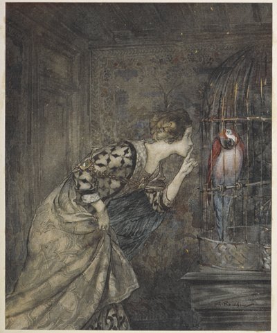 May Colvin et un perroquet dans une cage - Arthur Rackham