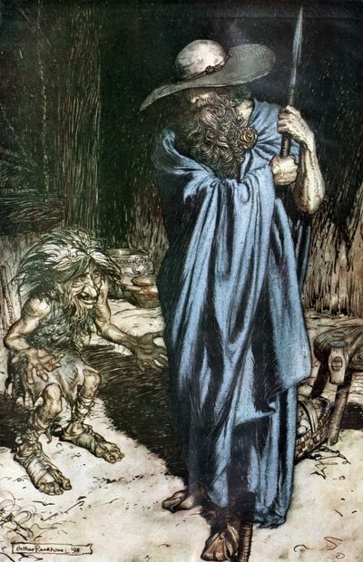 Mime et le voyageur. Illustration pour Siegfried et Le Crépuscule des dieux de Richard Wagner - Arthur Rackham