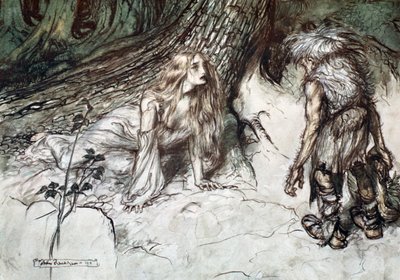Mime trouve la mère de Siegfried dans la forêt - Arthur Rackham