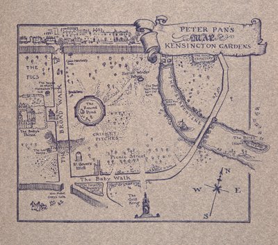 Carte de Peter Pan des jardins de Kensington, de Peter Pan dans les jardins de Kensington par J M Barrie, pub. 1906 - Arthur Rackham