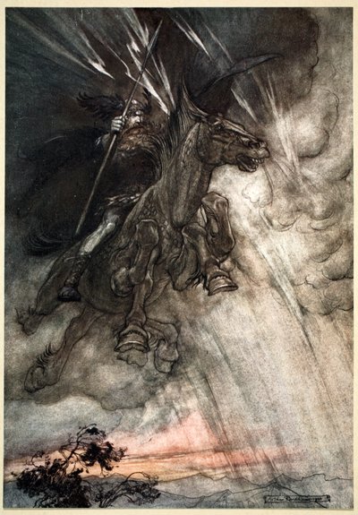 Furieux, Wotan chevauche vers le rocher ! Comme un vent de tempête, il arrive ! - Arthur Rackham